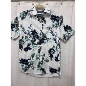 Craft + Flow Mens Hawaiian Floral Tropical Button Down Shirt White Navy Slate M